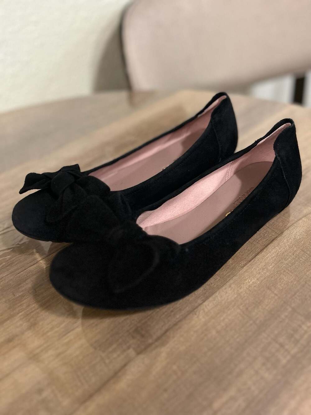 Sabrinas Black Suede Ballet Flats with Bow Detail